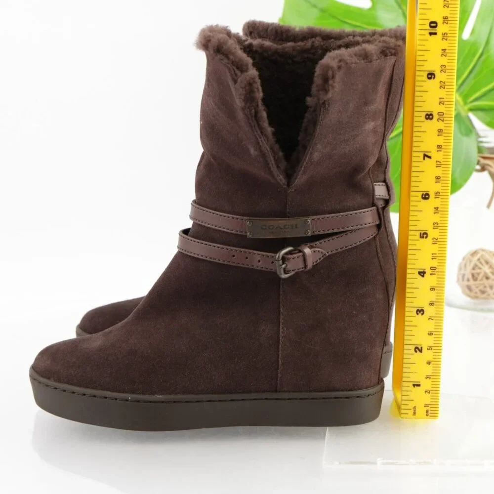 Coach Womens Norell Boots Size 6.5 Brown Suede Hidden Wedge Sherpa Lined Booties